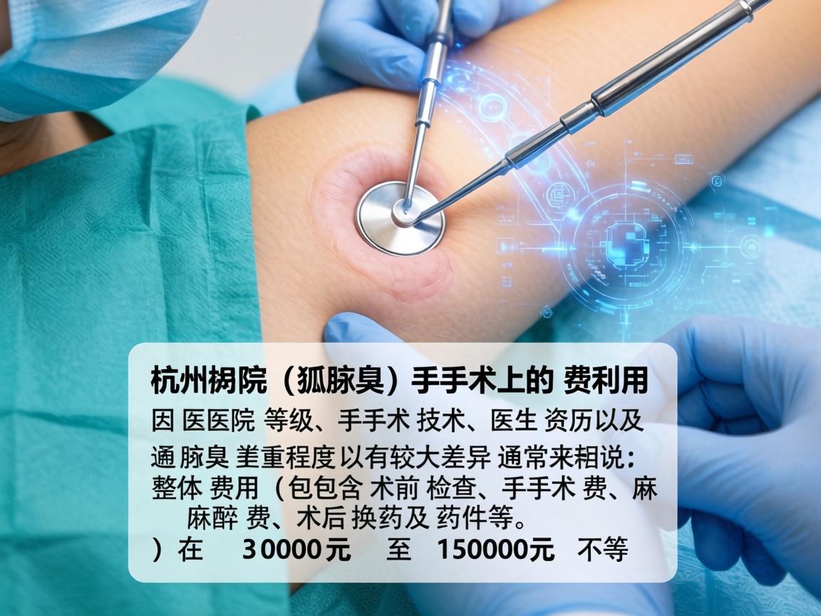 在杭州，狐臭（腋臭）手术的费用因医院等级、手术技术、医生资历以及腋臭严重程度而有较大差异。通常来说，整体费用（包含术前检查、手术费、麻醉费、术后换药及药物等）在 3000元 至 15000元 不等