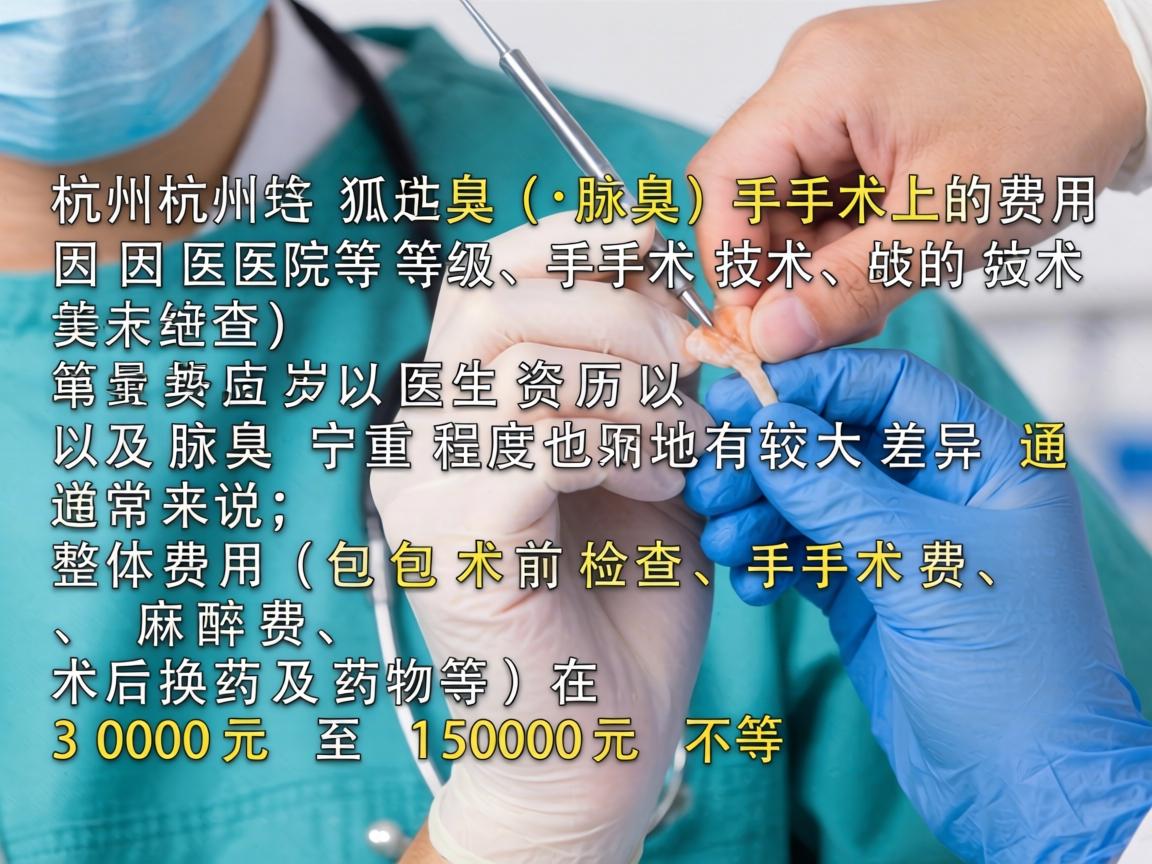 在杭州，狐臭（腋臭）手术的费用因医院等级、手术技术、医生资历以及腋臭严重程度而有较大差异。通常来说，整体费用（包含术前检查、手术费、麻醉费、术后换药及药物等）在 3000元 至 15000元 不等