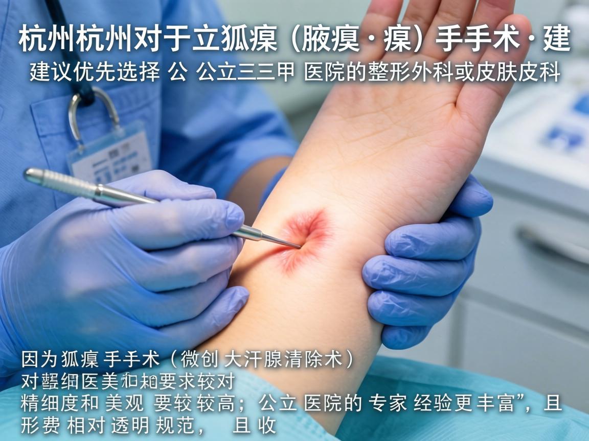 在杭州，对于狐臭（腋臭）手术，建议优先选择公立三甲医院的整形外科或皮肤科。因为狐臭手术（如微创大汗腺清除术）对精细度和美观要求较高，公立医院的专家经验更丰富，且收费相对透明规范