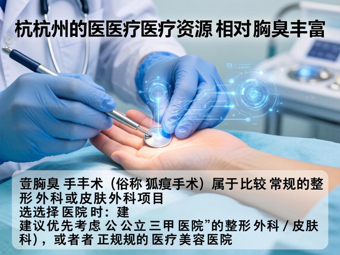 杭州的医疗资源相对丰富，腋臭手术（俗称狐臭手术）属于比较常规的整形外科或皮肤外科项目。选择医院时，建议优先考虑公立三甲医院的整形外科/皮肤科，或者正规的医疗美容医院