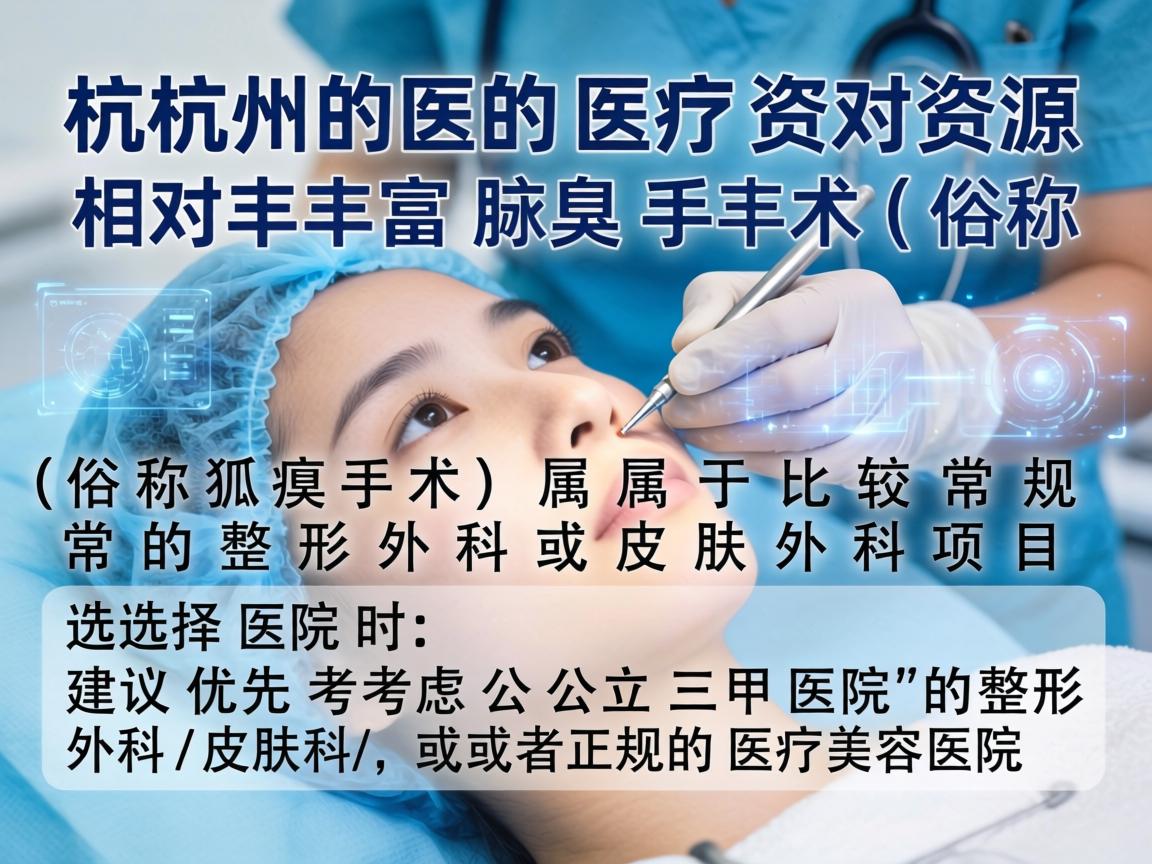 杭州的医疗资源相对丰富，腋臭手术（俗称狐臭手术）属于比较常规的整形外科或皮肤外科项目。选择医院时，建议优先考虑公立三甲医院的整形外科/皮肤科，或者正规的医疗美容医院