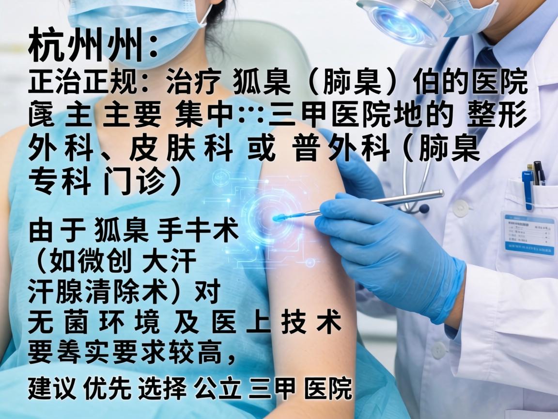 在杭州，正规治疗狐臭（腋臭）的医院主要集中在三甲医院的整形外科、皮肤科或普外科（腋臭专科门诊）由于狐臭手术（如微创大汗腺清除术）对无菌环境及医生技术要求较高，建议优先选择公立三甲医院