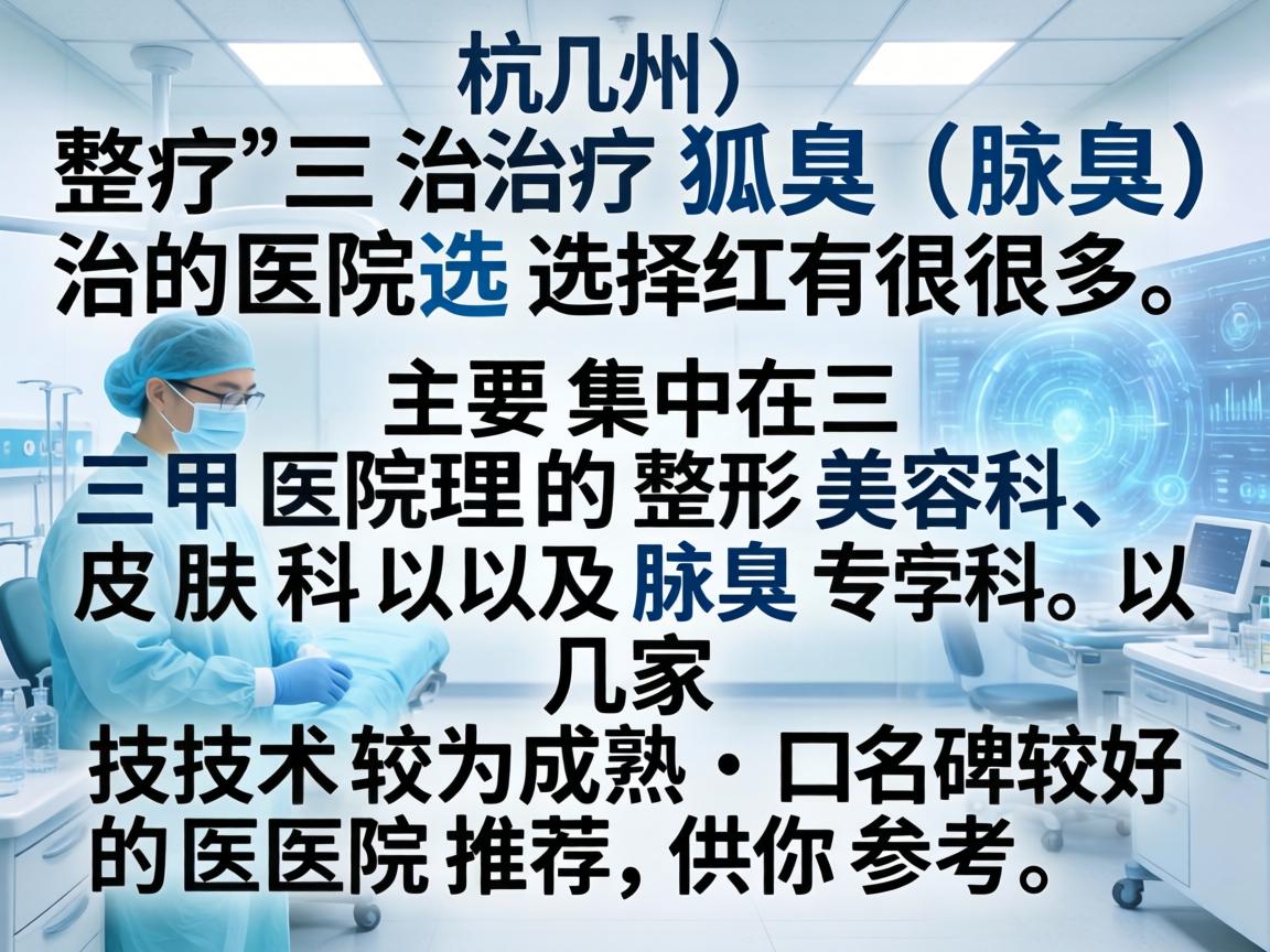 在杭州，治疗狐臭（腋臭）的医院选择很多，主要集中在三甲医院的整形美容科、皮肤科以及腋臭专科。以下是几家技术较为成熟、口碑较好的医院推荐，供你参考