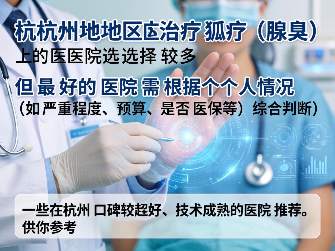 杭州地区治疗狐臭（腋臭）的医院选择较多，但最好的医院需根据个人情况（如严重程度、预算、是否医保等）综合判断。以下是一些在杭州口碑较好、技术成熟的医院推荐，供你参考
